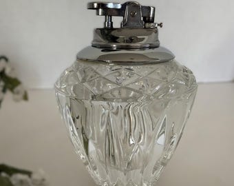 Vintage Hollywood Regency Crystal Table Lighter, Cut Glass & Chrome Butane Lighter, Made in Japan Barware