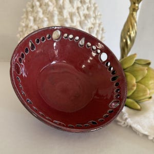 Vintage Handmade Studio Pottery Pierced Red Bowl, Hand Thrown Ceramic Trinket Dish, Folk Art Pottery Centerpiece Bowl