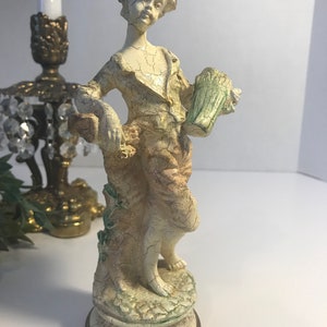 Vintage Italian 8" figurine, Vtg boy with vegetables statue, crackle finish vtg statue, Victorian style Italy statue, Unique Italy figurine