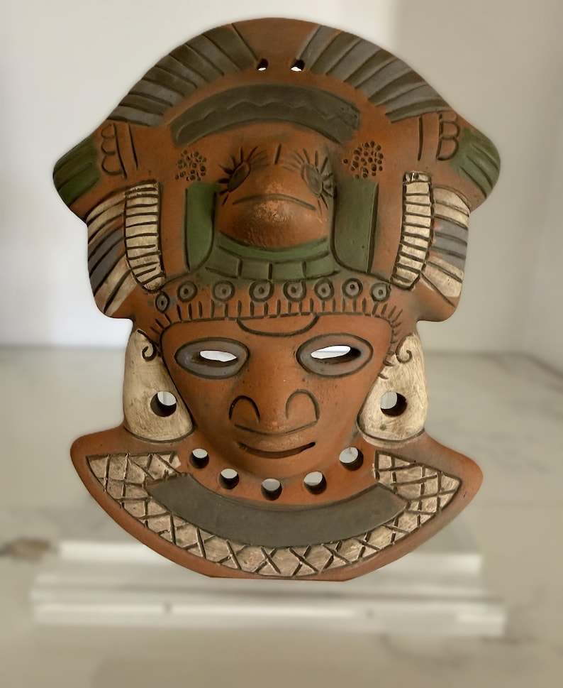 Vintage terracotta wall mask, hand-painted red clay pottery face, artisan Mexico wall decor in Mayan-style design image 2