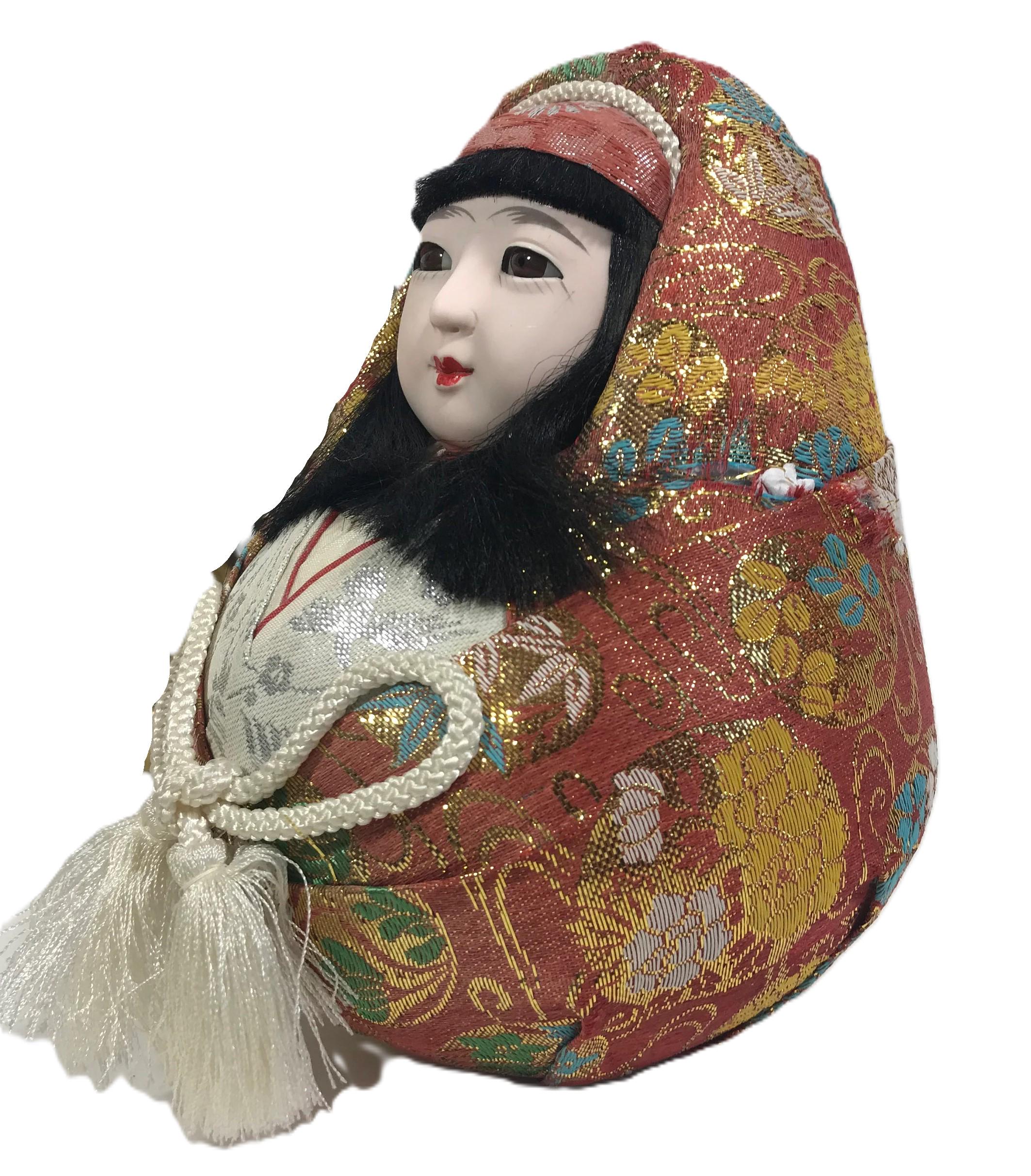 ヴィンテージの和風卵人形、手描きの陶器の顔を持つ布張りのフィギュア