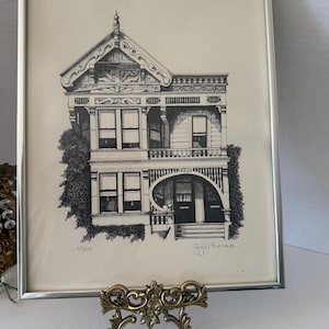 Vintage Guy W. Thomas Pen and Ink Victorian Home Print – Signed & Numbered Lithograph, 11x14 Framed Architectural Art