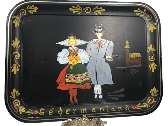 Vintage Metal Hand Painted Tray, Vintage 60s Folk Art Hand Painted