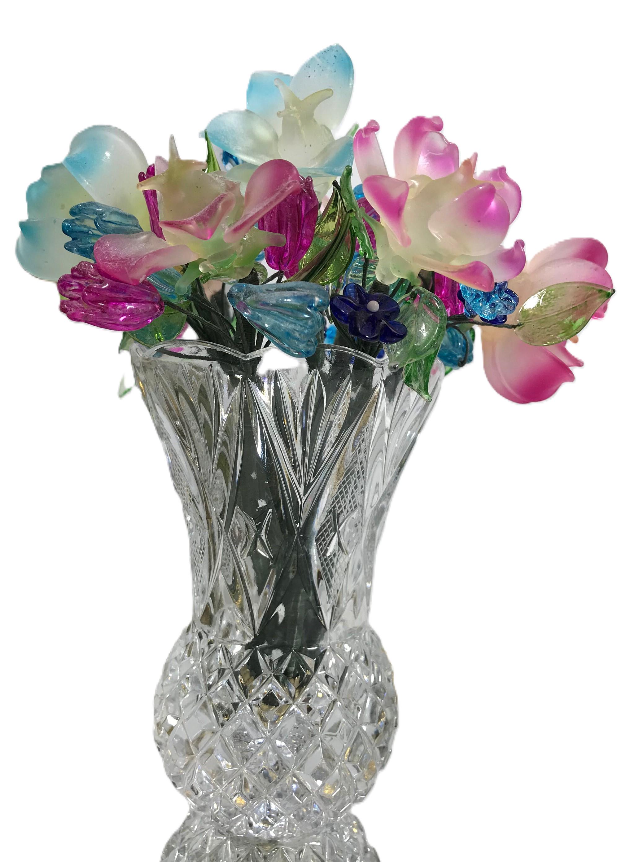 Vintage Glass Flowers in Crystal Vase, Elegant Crystal Vase Filled With ...