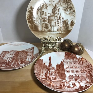 Vintage brown transferware style mis-matched plates, Vintage mixed lot of 3 Sepia toned brown decorative plates, Vintage brown transferware