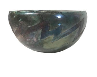 Vintage signed raku art pottery bowl, vintage opalescent glaze raku pottery bowl with abstract design, signed, vintage raku pottery bowl