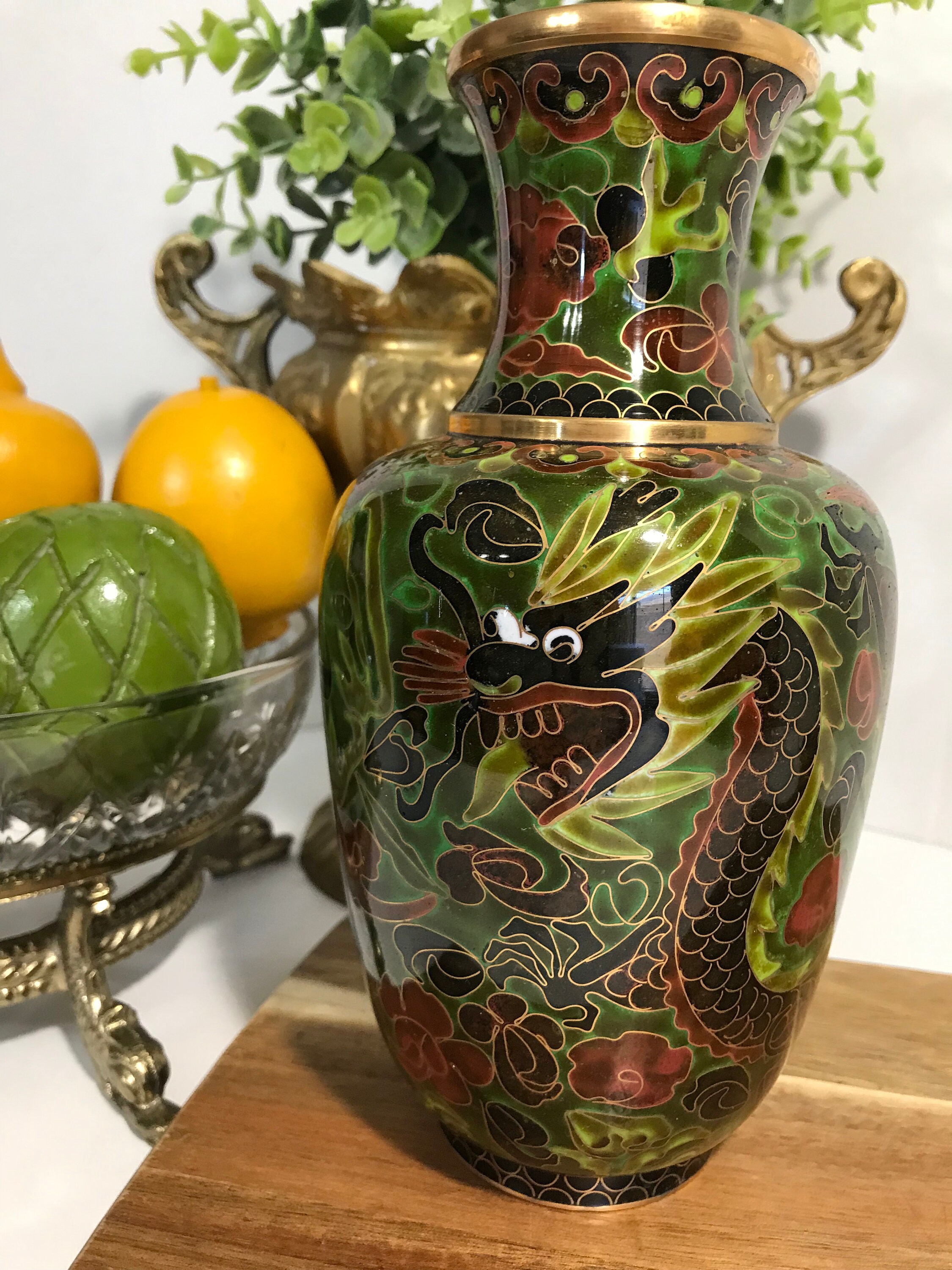 最高級日本七宝花瓶 龍と鳳凰 花唐草文 骨董2 景泰藍