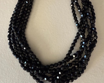 Vintage Black Onyx Style 6 Strand Choker Necklace, Old Hollywood Style Faceted Bead Statement Necklace