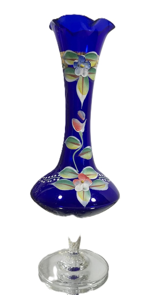 Vintage blaue Boho Glasvase, Vtg handbemalte geblasene blaue schmale Vase, Kobaltblau Boho Glas geriffelte handbemalte Blumenvase