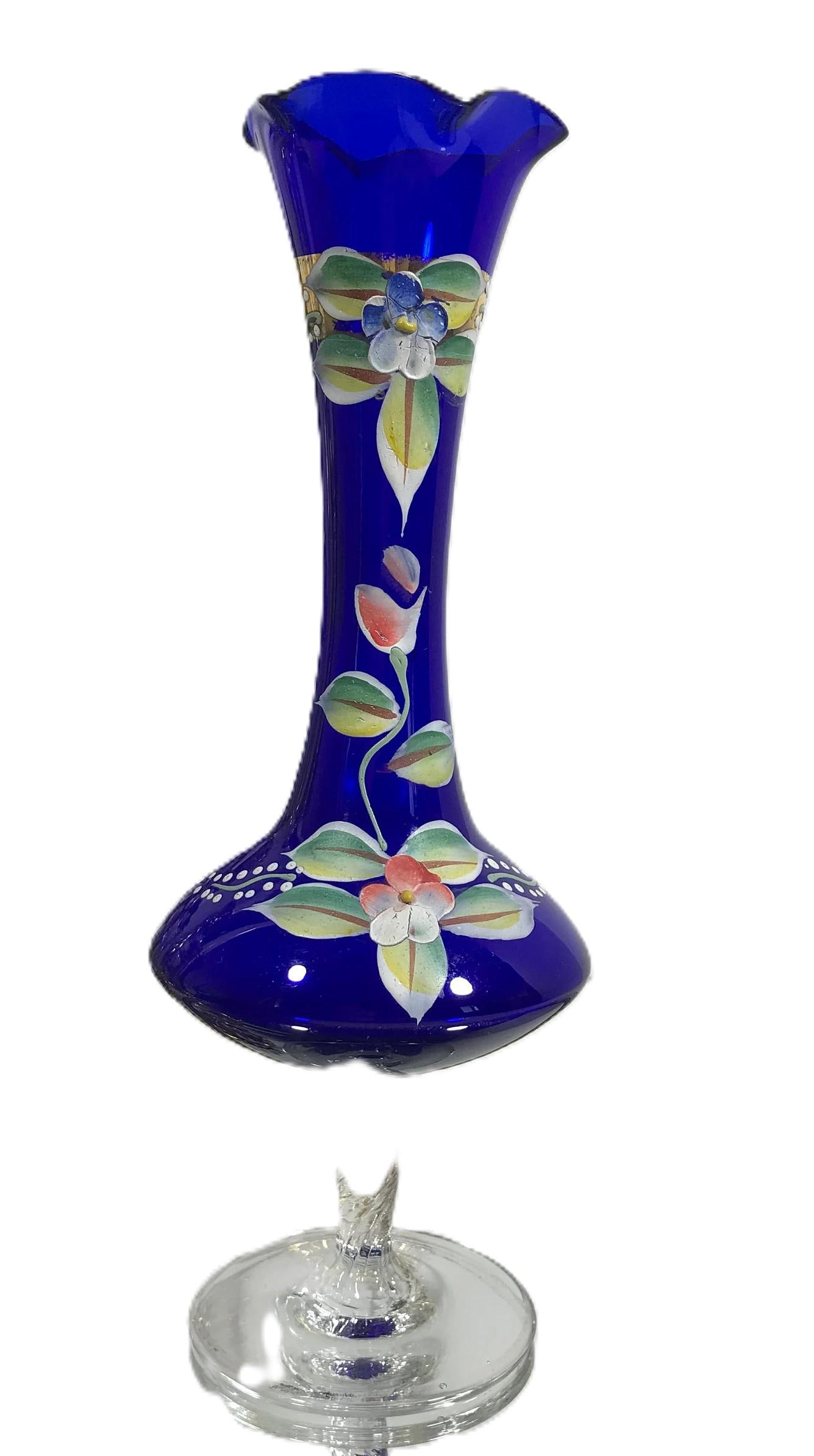 Vintage Blue Bohemian Glass Vase, Vtg Hand Painted Blown Glass