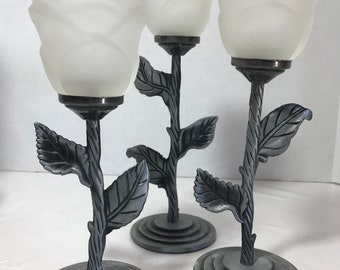 ヴィンテージ ピューターとバラのフロストガラス キャンドルホルダー