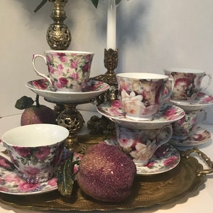 Vintage Olympia Fine Porcelain England tea cup and saucer, Victorian look floral teacup and plate, Vtg shabby chic mixed floral teacup set