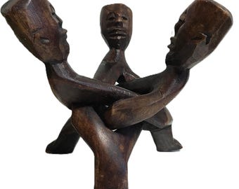 Soporte para jarrón de madera vintage tallado a mano, soporte vintage de concha tallada para 3 personas, soporte vintage para plantas con figuras únicas de madera tallada, soporte artístico para jardineras de madera