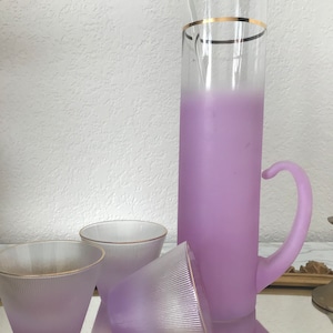 Vintage mid century purple glass Martini Pitcher and stemless glasses, Blendo purple glass Martini pitcher, stirer and Martini glasses