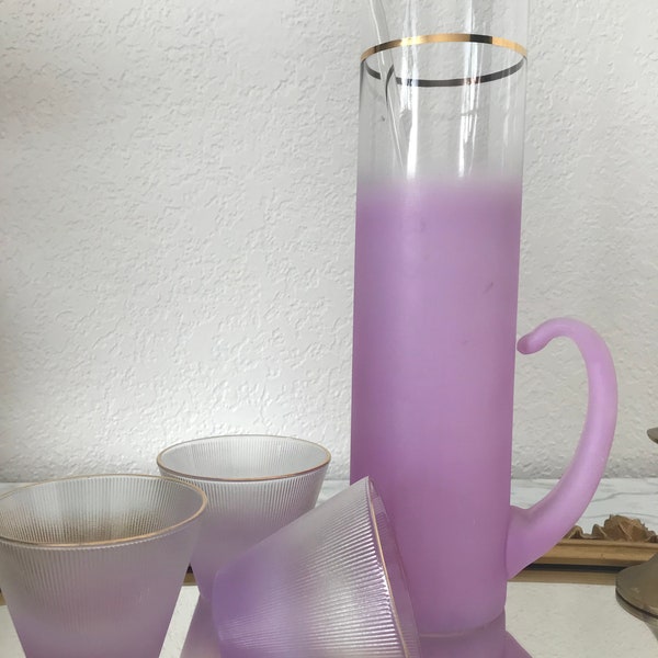 Vintage mid century purple glass Martini Pitcher and stemless glasses, Blendo purple glass Martini pitcher, stirer and Martini glasses