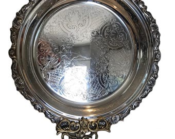 Vintage floral and shell border silverplate round bowl tray, Vintage silverplate round 12" bowl tray with engraving and ornate outer rim