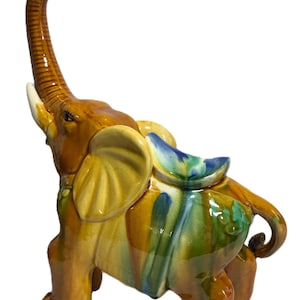 Vintage Colorful Glazed Elephant Statue – Mid-Century Pottery Trunk Up Figurine, Yellow Ceramic Elephant Sculpture, Good Luck Elephant Decor