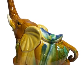 Vintage Bunt glasierte Elefantenstatue - Mitte des Jahrhunderts Keramik Rüsselfigur, gelbe Keramik-Elefantenskulptur, Glücks-Elefant-Dekor