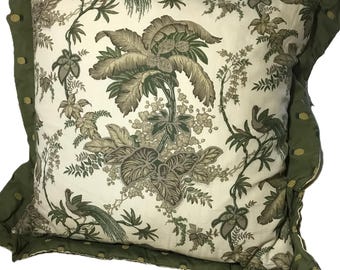 Vintage handmade palm birds pattern linen large pillow 25x25, whimsical green birds, plants and palms print on cream linen decorative pillow
