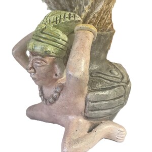 Vintage hand painted pottery planter, Vintage painted pottery tribal, ethnic man holding pot planter, Vintage Mexico ceramic painted planter