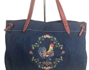 Vintage Denim Handtasche Handtasche Tote, Vintage Denim bestickte Einkaufstasche Geldbörse, Vintage Blue Denim Hahn Cappelli Tasche, Vintage Cappelli Tasche