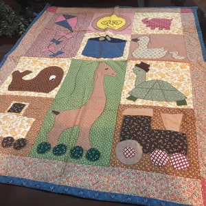Vintage handmade baby blanket, Vintage patchwork baby quilt, vintage turtle, elephant,  whale hand stitched quilt 31x40, Baby room decor