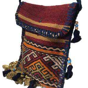 Vintage Boho Kilim Woven Handbag, Native American Style Tapestry Purse with Tassels, Beaded Boho Crossbody Shoulder Bag