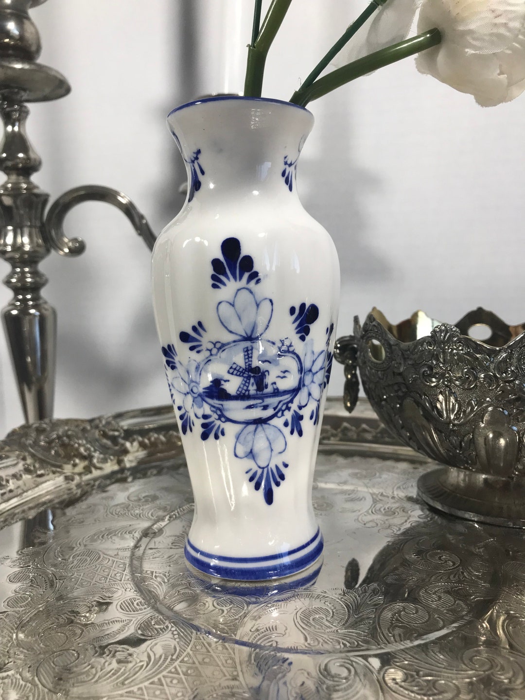 Vintage Delft Ceramic Bud Vase, Vintage Delft Blue and White Small Vase