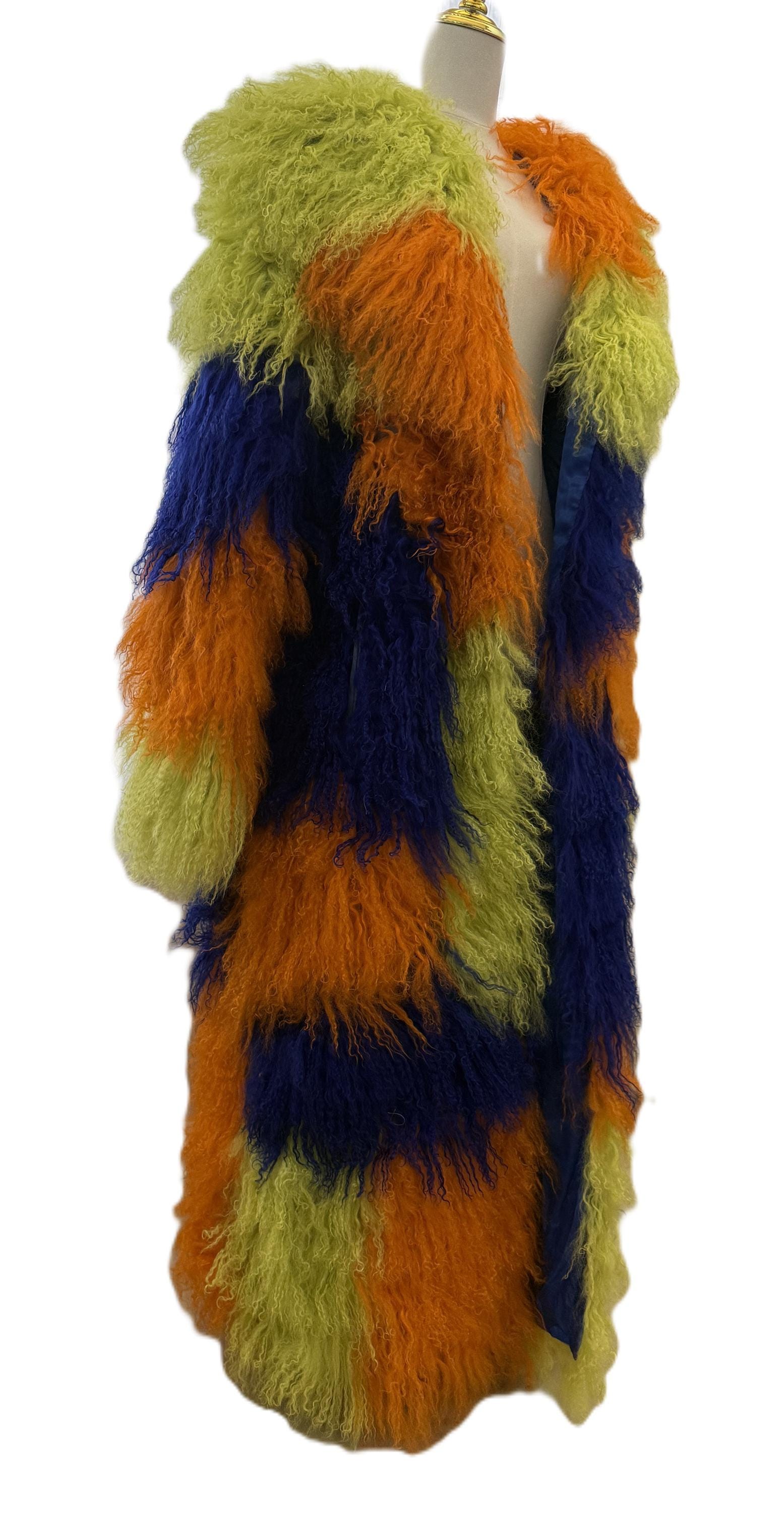 AKIRA 100% Lamb Fur Colorblock Coat 1X, Statement Mongolian Lamb