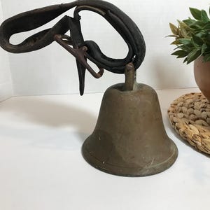 Vintage antique brass bell, Large heavy antique bell with antique leather strap, antique brass bell, rustic vintage brass bell with strap
