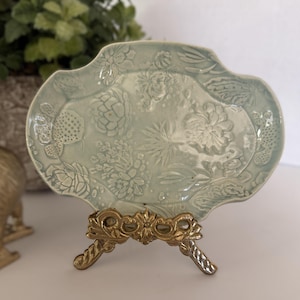 Handmade Studio Pottery Sage Green Dish, Embossed Succulent Ceramic Catchall, Signed Artisan Tray
