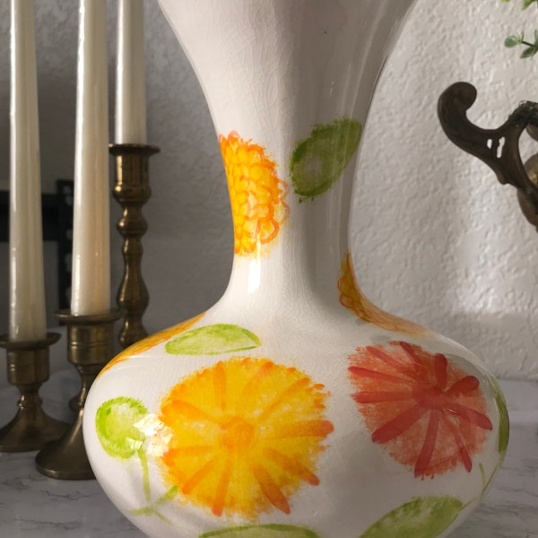 Vintage white ceramic vibrant floral tulip shaped vase, Vintage white, yellow and orange mod style floral vase, White ceramic floral vase