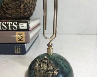 Vintage marble brass paperweight, vintage ship design green marble and brass paper clip paperweight, nautical marble paperweight desk decor