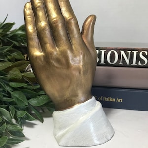 Vintage ceramic hand statue, Vintage gold ceramic hand with white cuff, Vintage ceramic hand trinket dish, hand jewelry holder