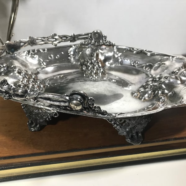 Vintage silver plate oval basket tray, Vintage silverplate footed handle tray, Vtg silver plated ornate grape design basket serving dish