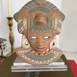 Vintage terracotta wall mask, hand-painted red clay pottery face, artisan Mexico wall decor in Mayan-style design image 3