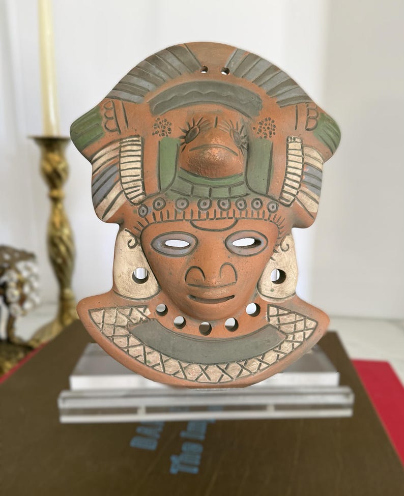 Vintage terracotta wall mask, hand-painted red clay pottery face, artisan Mexico wall decor in Mayan-style design image 3