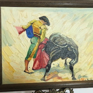 Vintage Mid 20th Century Matador Original Painting 10x12, Signed Bullfighter Art, Vibrant MCM Matador Painting in Original Frame