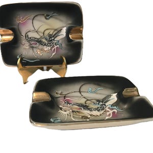 Vintage Japanese dragonware, Vtg Japan dragon ware ashtray, Vtg. dragonware trinket dish, Hollywood Regency black gold trinket dish