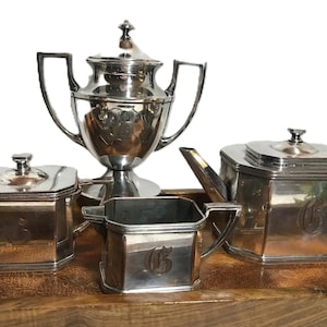 Vintage art deco Lawrence B. Smith Sheffield zilveren theeservies met monogram, Sheffield Lawrence B. Smith verzilverde theepot, creamer en suiker