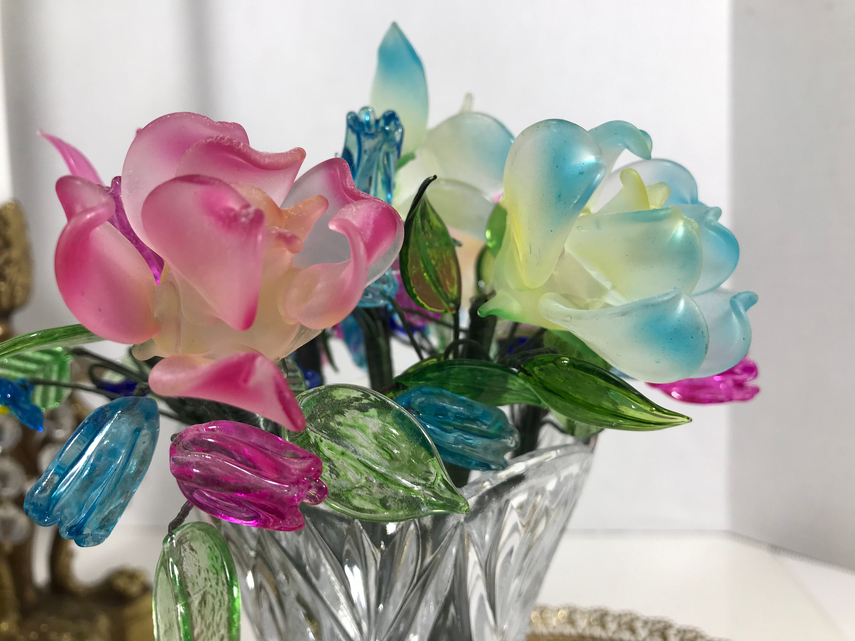 Vintage Glass Flowers in Crystal Vase, Elegant Crystal Vase Filled With ...