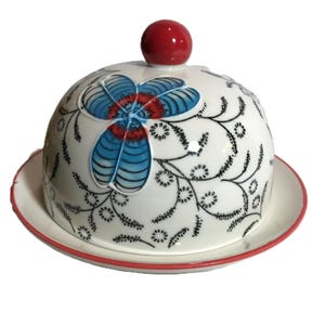 Anthropologie style Coastline Imports unique round butter dish, Ceramic black white with red and blue floral design cheese plate with cloche image 3