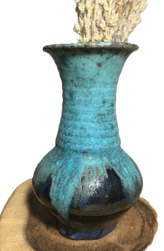 Vase Céramique Bleue Incisée - Moderne Milieu De Siècle (MCM) - Années 70 Signé