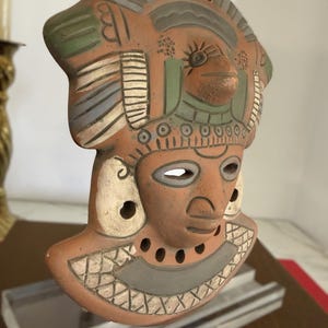 Vintage terracotta wall mask, hand-painted red clay pottery face, artisan Mexico wall decor in Mayan-style design image 6