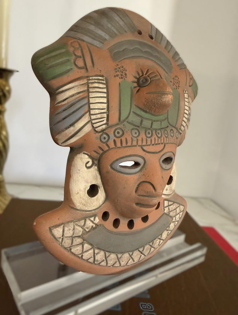 Vintage terracotta wall mask, hand-painted red clay pottery face, artisan Mexico wall decor in Mayan-style design image 6