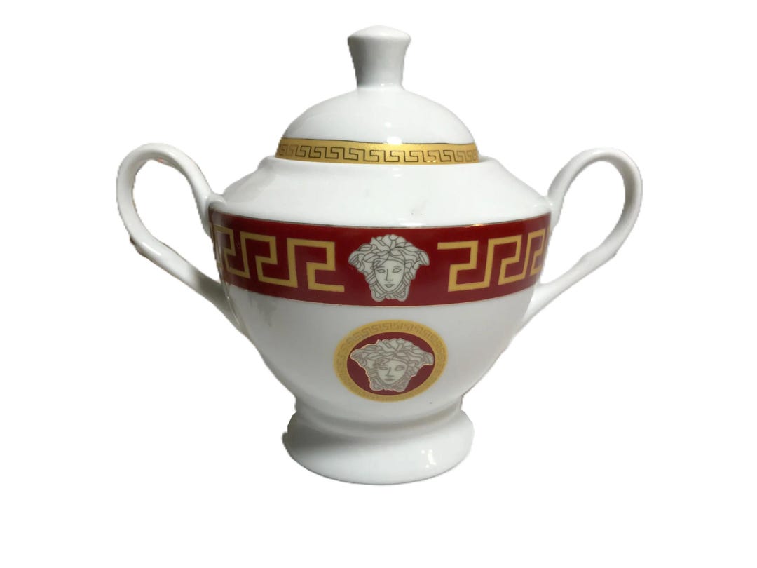 Vintage Porcelain Red Greek Key and Medusa Sugar Bowl