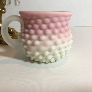 Antique 19th Century Phoenix glass Burmese Uranium hobnail glass small cup, Vintage pink and off white satin matte glass hobnail handled mug