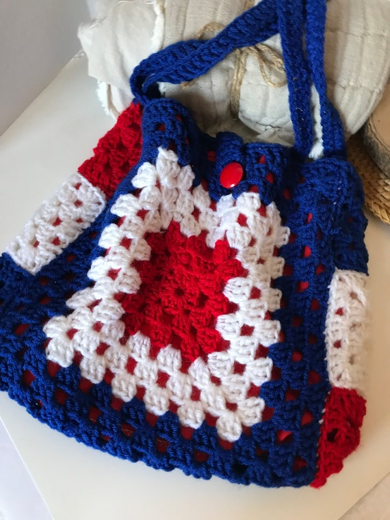 Vintage woven knit crochet purse, handbag, tote r… - image 3