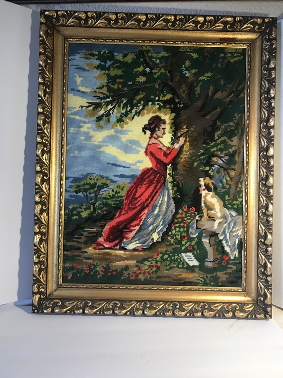 フランスアート　額縁セット　NEEDLEPOINT Vintage Vintage Yarn Art Framed Large 28x22 Gold Ornate Framed