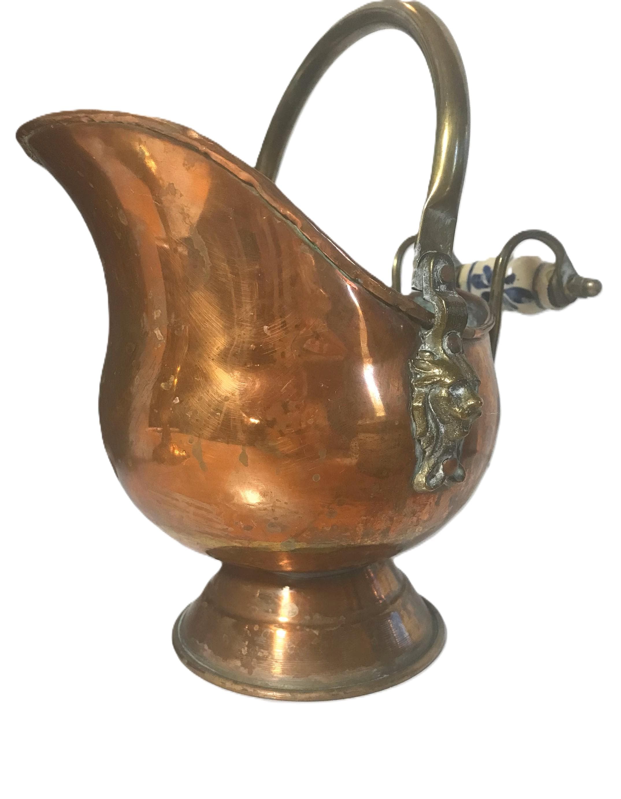 Vintage Copper Dutch Helmet Scuttle Bucket, Vtg Aged Copper Coal